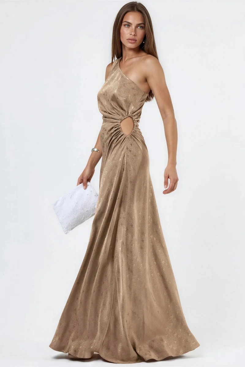 Hiccup Camel Brown Patterned One-Shoulder Satin Dress with Cut-Out Detail for Women | Best Price UAE