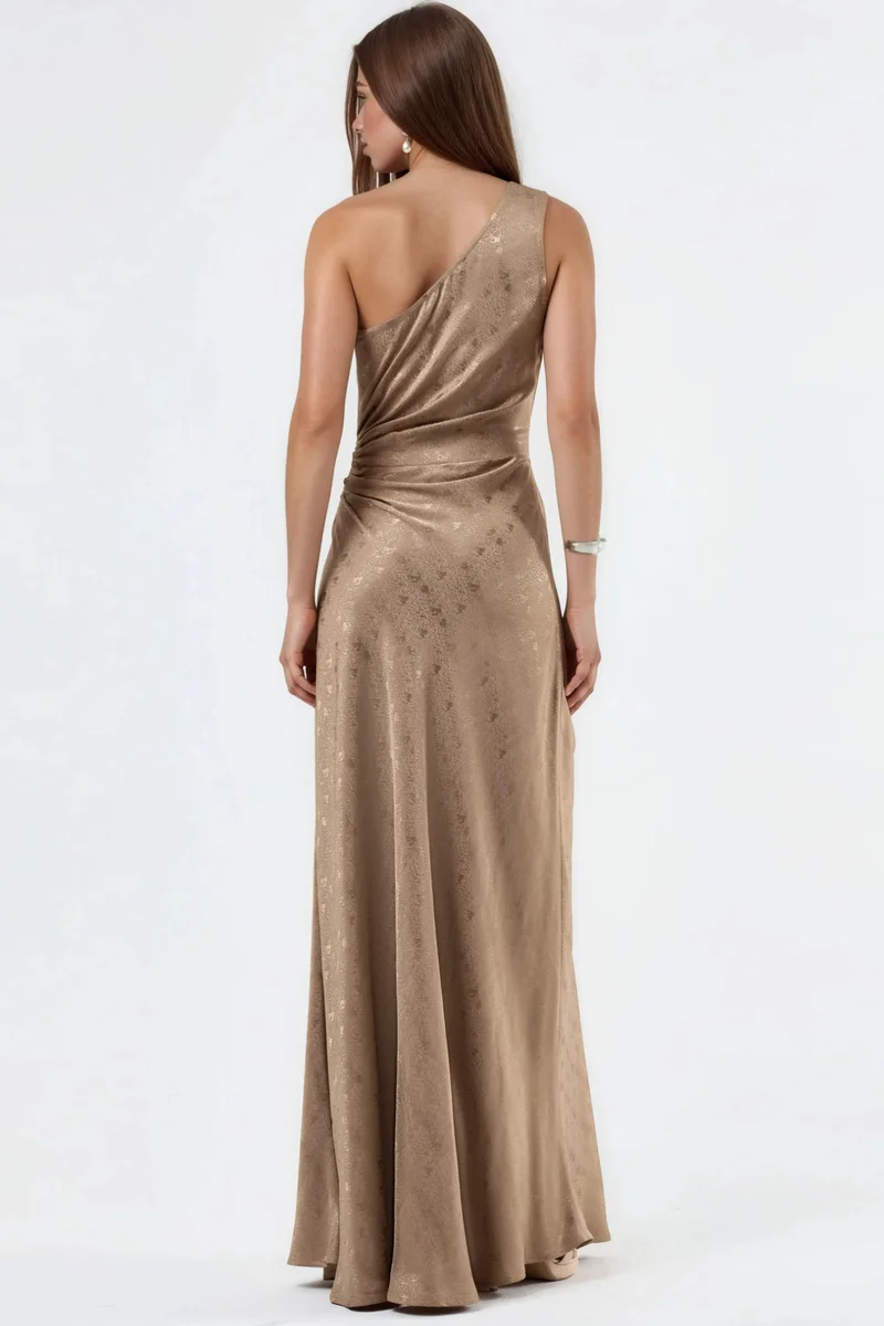Hiccup Camel Brown Patterned One-Shoulder Satin Dress with Cut-Out Detail for Women | Best Price UAE