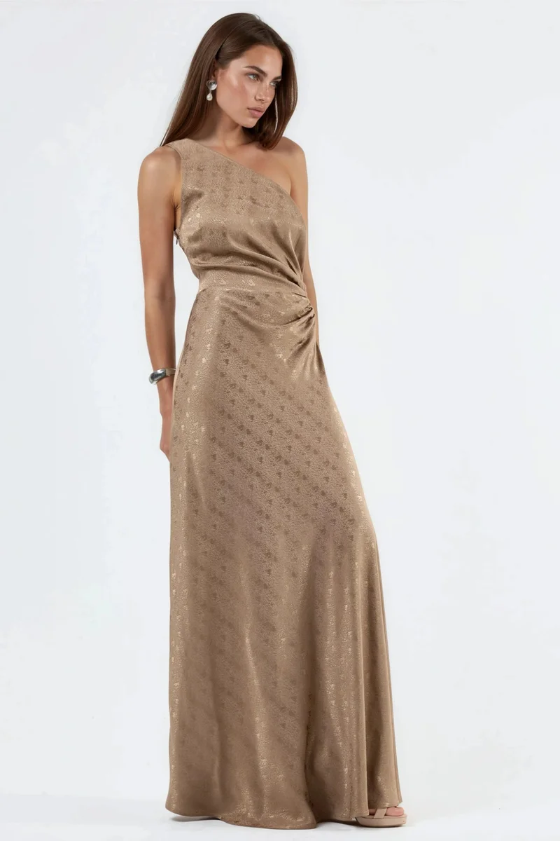 Hiccup Camel Brown Patterned One-Shoulder Satin Dress with Cut-Out Detail for Women | Best Price UAE