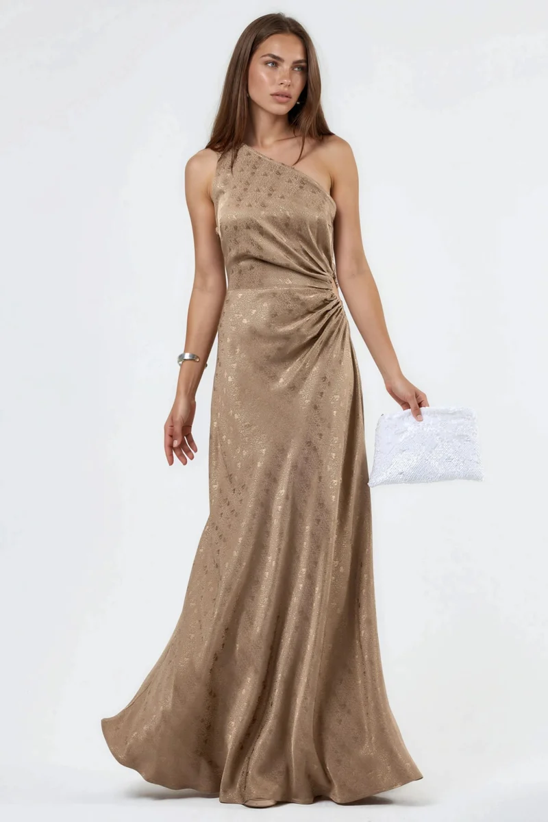 Hiccup Camel Brown Patterned One-Shoulder Satin Dress with Cut-Out Detail for Women | Best Price UAE