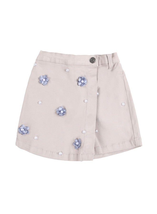 KiddoPanti Girls Cotton Over Lap Skort with Flowers and Pearls, Grey with Flowers - 4-6Y - Image 1