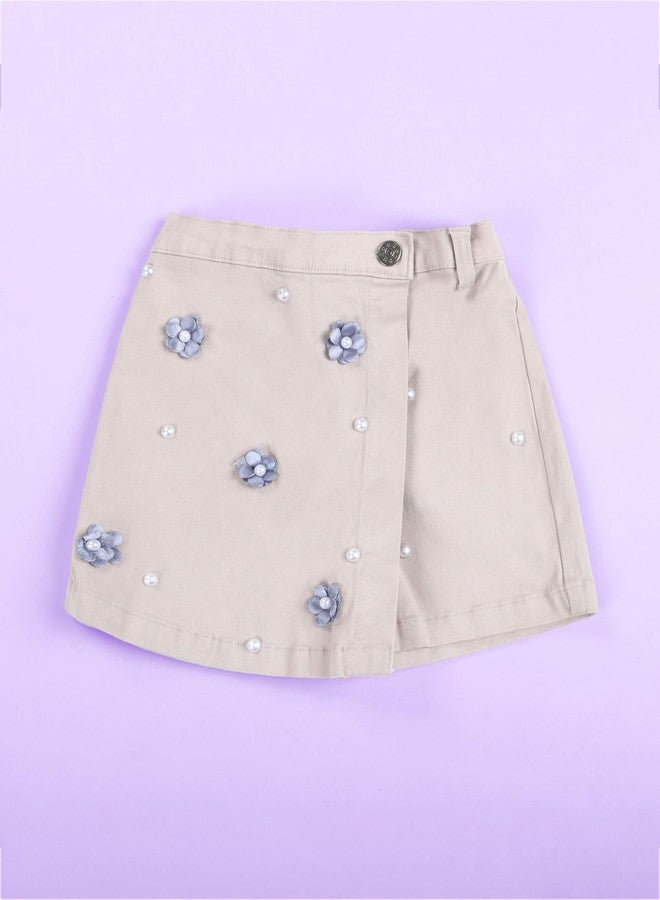 KiddoPanti Girls Cotton Over Lap Skort with Flowers and Pearls, Grey with Flowers - 4-6Y - Image 4