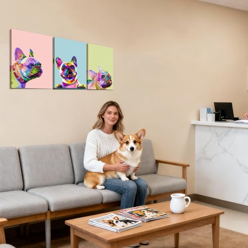 Mistyefly 3 Piece French Bulldog Wall Art Dog Canvas Wall Art - French Bulldog Painting with Built-in Wooden Frame (12x16x3 inches) - Lightweight & Ready to Hang, for Living Room, Animal Wall Decor for Pet Shop & Pet Hospital - Image 2