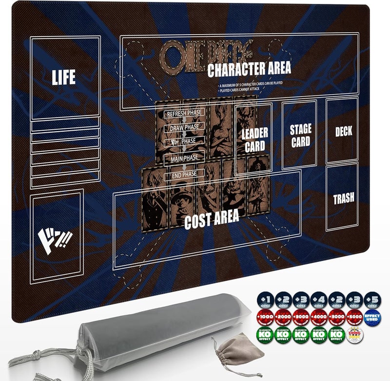 Extalas Playmat for One Piece Card Game (24x14 Inches): with Non-Slip Rubber, Zones Design, a Professional Storage Bag Included, Plus a Limited-Time Gift of a Set of 20 Damage Counters (Black1) - Image 1