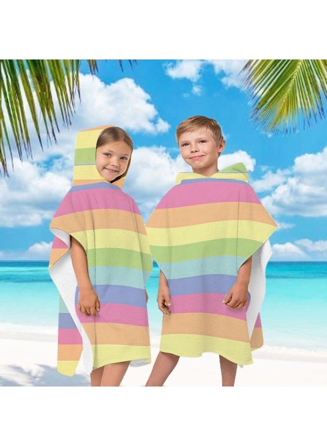 Low Saturation Macaron Rainbow Wide Horizontal Solid Striped Unisex Kids Hooded Quick Dry Poncho Towel, Polyester Soft Water Absorbent Loose Windproof Bath Wrap for All Kids, Perfect for Beach, Swimming Pool, Hot Spring & Daily Shower - Image 1