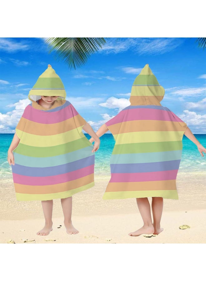 Low Saturation Macaron Rainbow Wide Horizontal Solid Striped Unisex Kids Hooded Quick Dry Poncho Towel, Polyester Soft Water Absorbent Loose Windproof Bath Wrap for All Kids, Perfect for Beach, Swimming Pool, Hot Spring & Daily Shower - Image 2