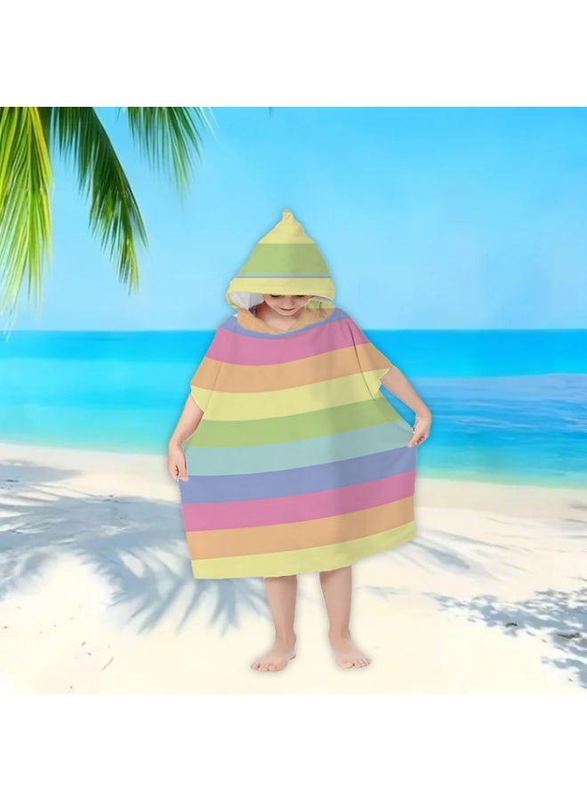 Low Saturation Macaron Rainbow Wide Horizontal Solid Striped Unisex Kids Hooded Quick Dry Poncho Towel, Polyester Soft Water Absorbent Loose Windproof Bath Wrap for All Kids, Perfect for Beach, Swimming Pool, Hot Spring & Daily Shower - Image 5