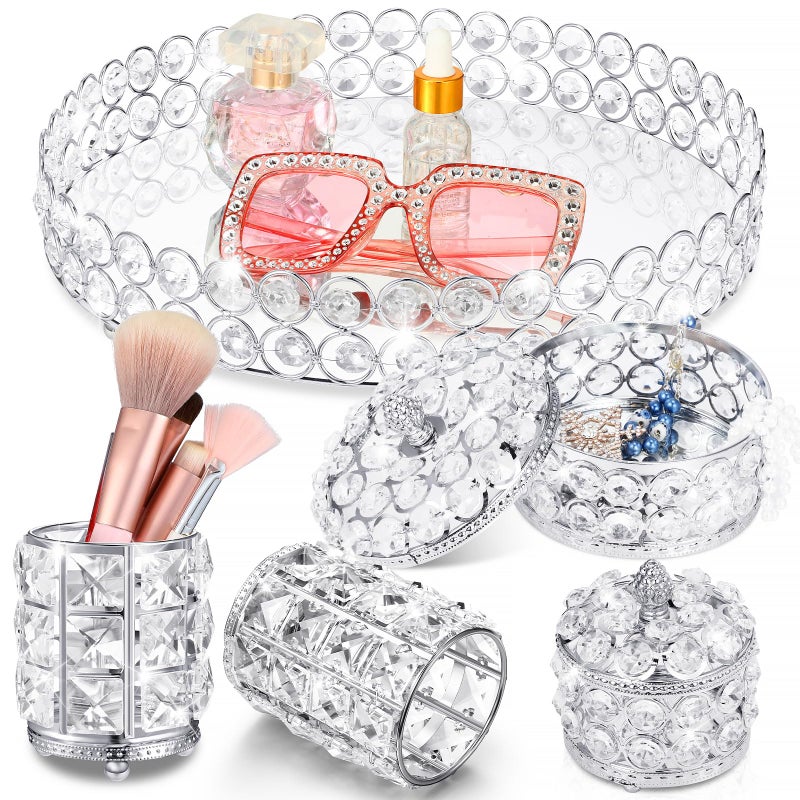 Tioncy 5 Pieces Crystal Makeup Decorative Vanity Perfume Tray Set Mirrored Cosmetic Brush Holder for Dresser Glass Jewelry Organizer Box Home Decor Table Accessories Silver