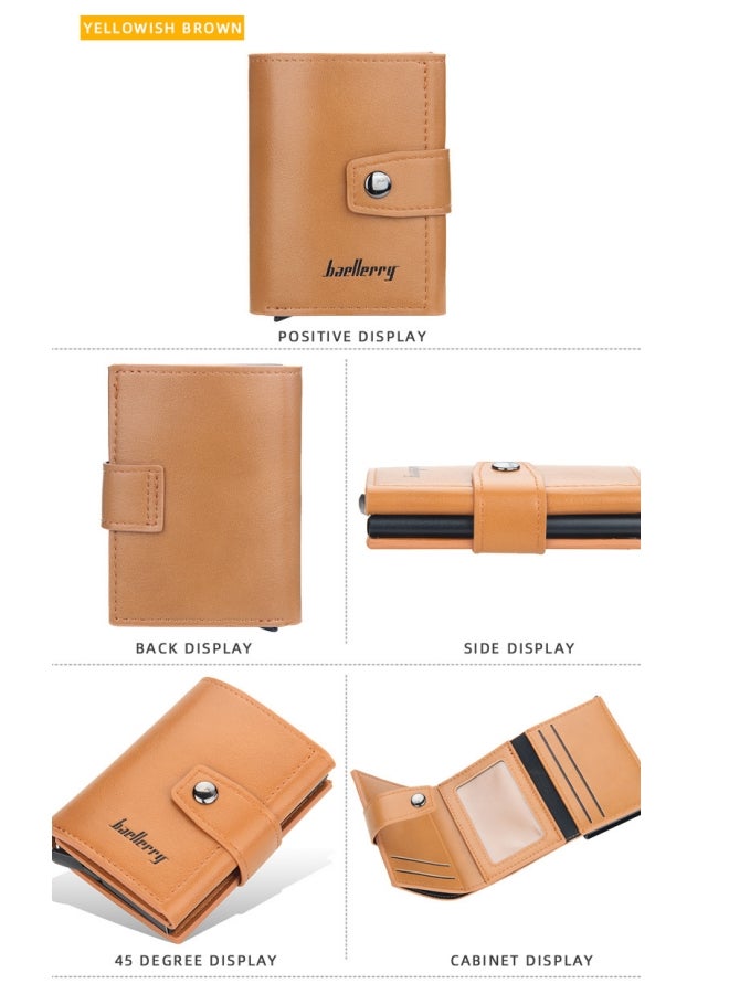 بايلليري حامل بطاقات رجالي من BAELLERRY، حامل بطاقات أوتوماتيكي أوروبي وأمريكي، حامل بطاقات بإبزيم، بني أصفر - Image 3