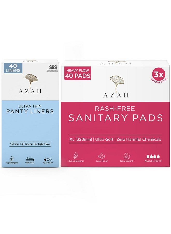 AZAH Rash Free Sanitary Pads + Ultra Soft Panty Liners | Sanitary Combo Pack For Women | Pack Of 40 - All Xl Organic Cotton Pads (Without Disposable Bags) And 40 Liners | Made Safe Certified - Image 1