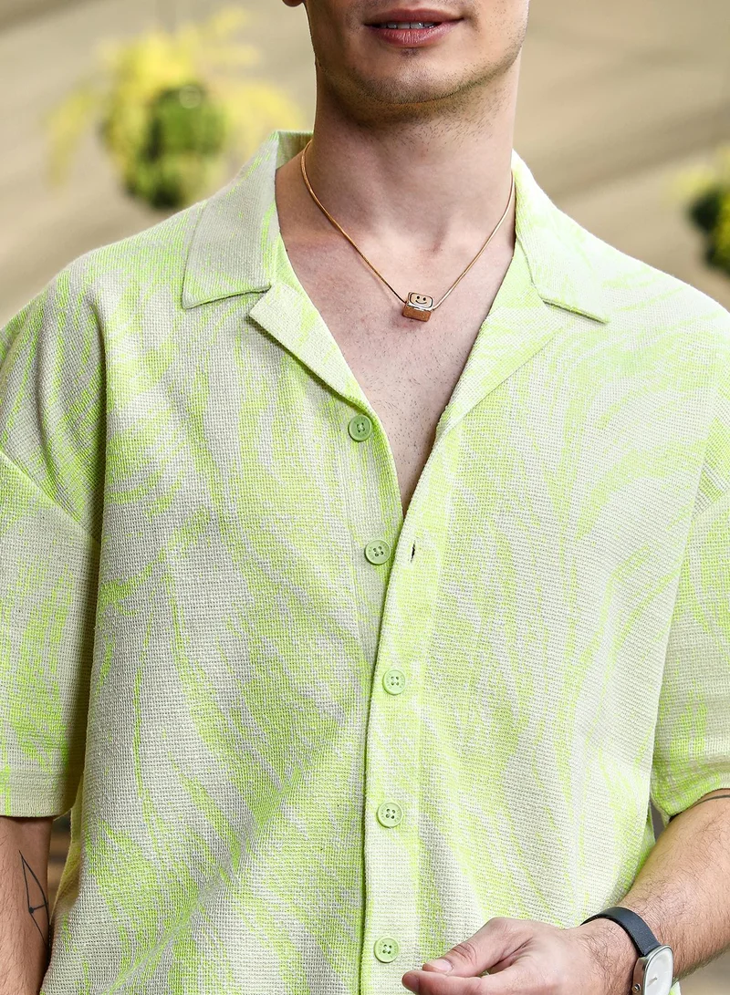 Campus Sutra Men's Lime Green & Off-White Blaze Imprint Oversized Shirt