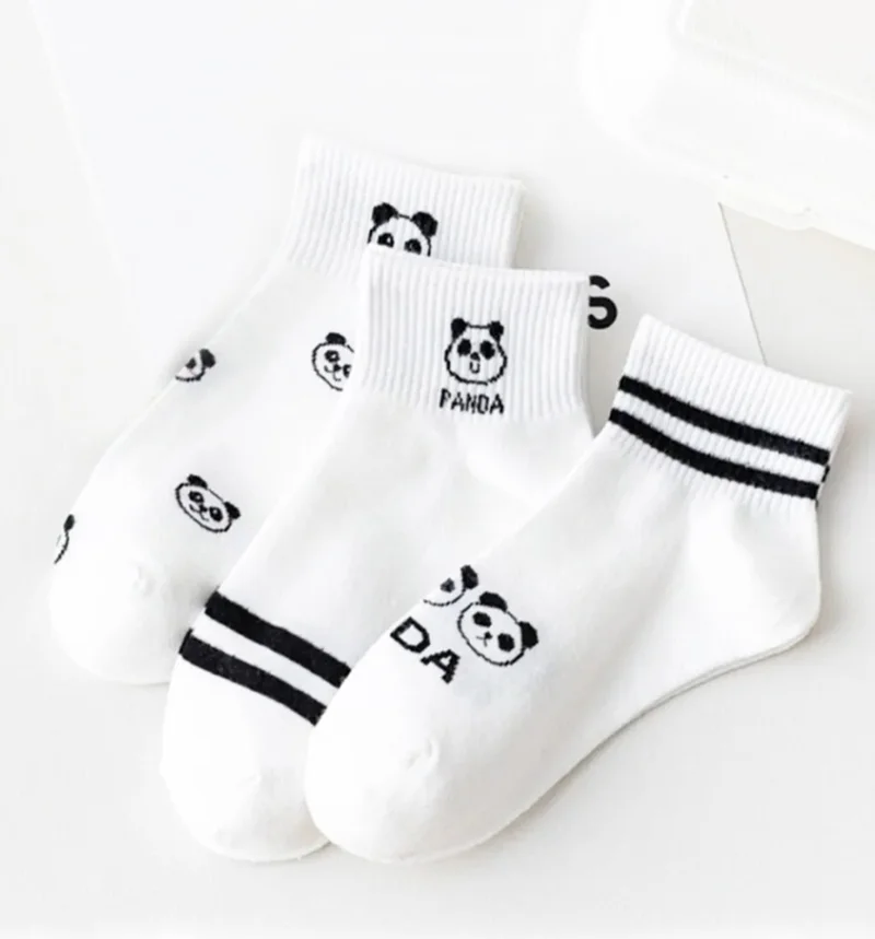Esinti Children's Socks Socket White School Socks Colorful Girls' Panda Patterned Socks School Socks 3 Pcs
