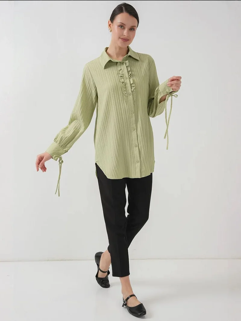 بيغ دارت BDART Long Sleeve Frilly Seersucker Shirt with Button Closure