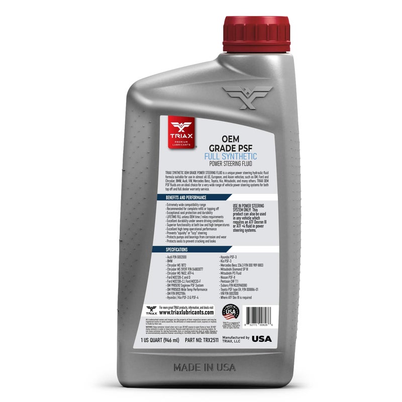 TRIAX OEM Grade PSF Power Steering Fluid, Synthetic, Universal, Arctic Grade -50 Cold Flow, Fits Most Asian, US, and European Cars, Full Synthetic with Esters, Widest Spec Application (1 Quart) - Image 2