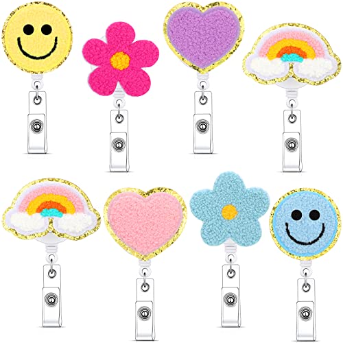 Woanger 8 Pcs Cute Badge Reel Retractable Flower Smile Cloud Heart Badge Holder Felt Name ID Accessories with 360 Degree Swivel Alligator Clip for Office School Hospital Nurse Doctors Teachers Favor - Image 1