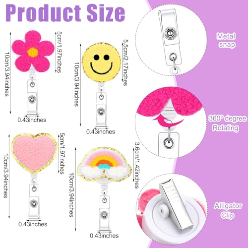 Woanger 8 Pcs Cute Badge Reel Retractable Flower Smile Cloud Heart Badge Holder Felt Name ID Accessories with 360 Degree Swivel Alligator Clip for Office School Hospital Nurse Doctors Teachers Favor - Image 3