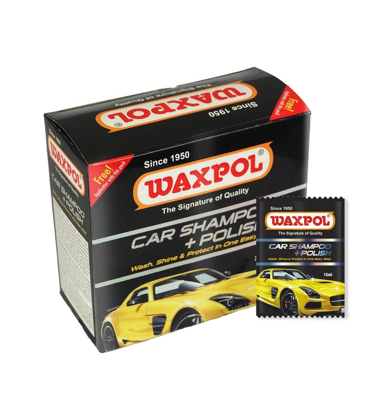 Waxpol شامبو وواكس للسيارات من واكس بول 15 مل (مجموعة من 24 كيس) | لمعان عالي، إحساس ناعم غني | متوافق مع رغوة الثلج، غسيل سيارات ودراجات متوازن الرقم الهيدروجيني (مجموعة من 24 كيس) - Image 1