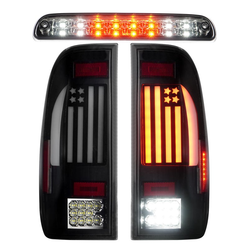 Bomusou LED Tail Lights + 3rd Third Brake Light Kit Fit for Ford F250 F350 F450 F550 Super Duty 1999-2007, Taillights and High Mount Stop Light, 3Pcs, Smoke Lens - Image 1