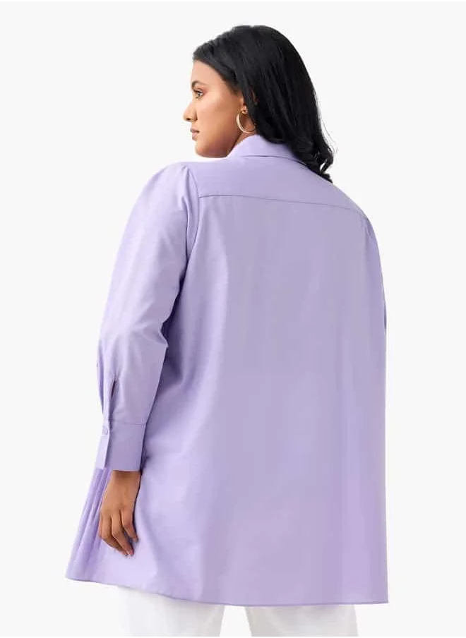 Ulla Popken Plus Size Ulla Popken Relaxed Fit Pleated Shirt with Long Sleeves
