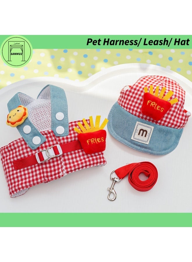 مجموعة حزام للحيوانات الأليفة مع المقود بنقشة مربعات حمراء ستايل البطاطس مع حزام صدر وقبعة زي لطيف للقطط والكلاب للاستخدام المنزلي والخارجي المقاس XL - Image 2