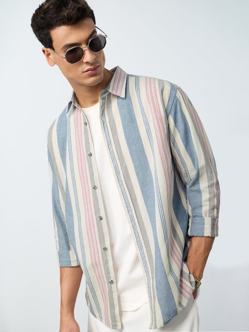 The Souled Store Harbour Line: Striped Shirt Men and Boys Full Sleeves Spread Collar Cotton Linen Blend Oversized Relaxed Fit Lightweight Breathable Casual Button Down Shirt for Summer and Beachwear - Image 3