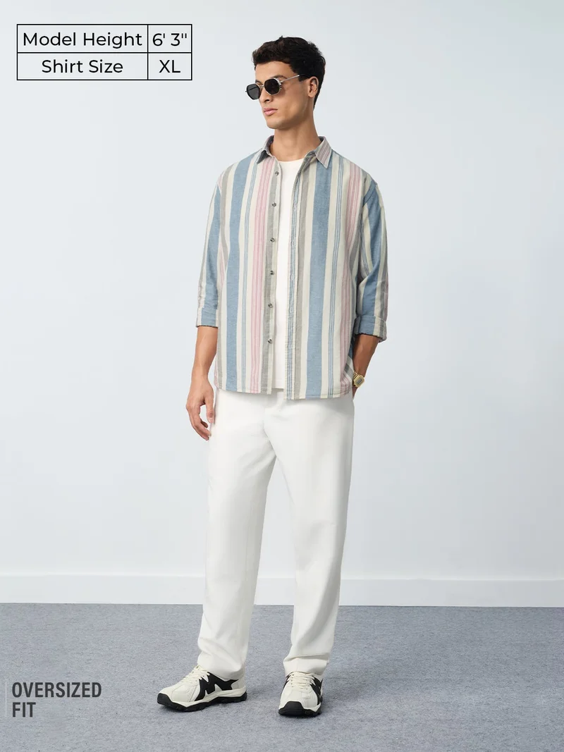 The Souled Store The Souled Store Harbour Line: Striped Shirt Men and Boys Full Sleeves Spread Collar Cotton Linen Blend Oversized Relaxed Fit Lightweight Breathable Casual Button Down Shirt for Summer and Beachwear