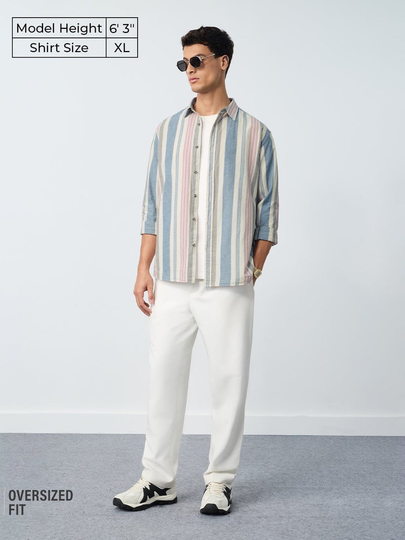 The Souled Store Harbour Line: Striped Shirt Men and Boys Full Sleeves Spread Collar Cotton Linen Blend Oversized Relaxed Fit Lightweight Breathable Casual Button Down Shirt for Summer and Beachwear - Image 2