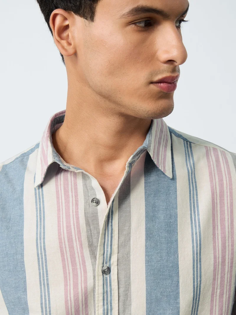The Souled Store  The Souled Store Harbour Line: Striped Shirt Men and Boys Full Sleeves Spread Collar Cotton Linen Blend Oversized Relaxed Fit Lightweight Breathable Casual Button Down Shirt for Summer and Beachwear  | Best Price UAE