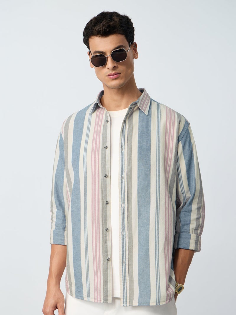 The Souled Store Harbour Line: Striped Shirt Men and Boys Full Sleeves Spread Collar Cotton Linen Blend Oversized Relaxed Fit Lightweight Breathable Casual Button Down Shirt for Summer and Beachwear - Image 1