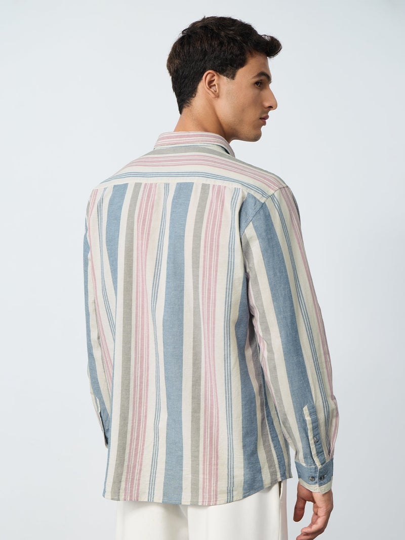 The Souled Store Harbour Line: Striped Shirt Men and Boys Full Sleeves Spread Collar Cotton Linen Blend Oversized Relaxed Fit Lightweight Breathable Casual Button Down Shirt for Summer and Beachwear - Image 4