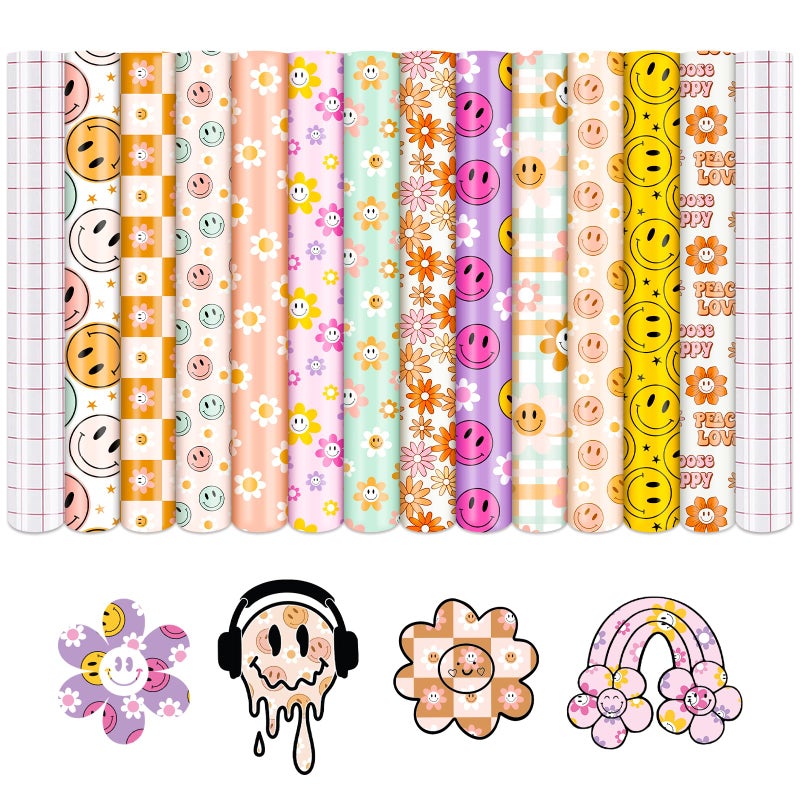 فينيل لاصق دائم بوجه مبتسم من تينت نوت 12 ورقة 12x10 أوراق لاصقة بنمط زهرة الأقحوان للآلة القاطعة ديكور منزلي ملصق ذاتي