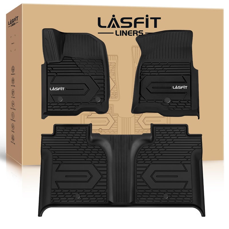 حصائر أرضية LASFIT 2019-2026 لشيفروليه سيلفرادو / جي إم سي سييرا 1500 2020-2025 2500 HD 3500 HD كابينة مزدوجة فقط تناسب مع تخزين تحت المقعد الخلفي ولكن لا تناسب التخزين البلاستيكي في الصف الثاني حصائر TPE لجميع الأحوال الجوية