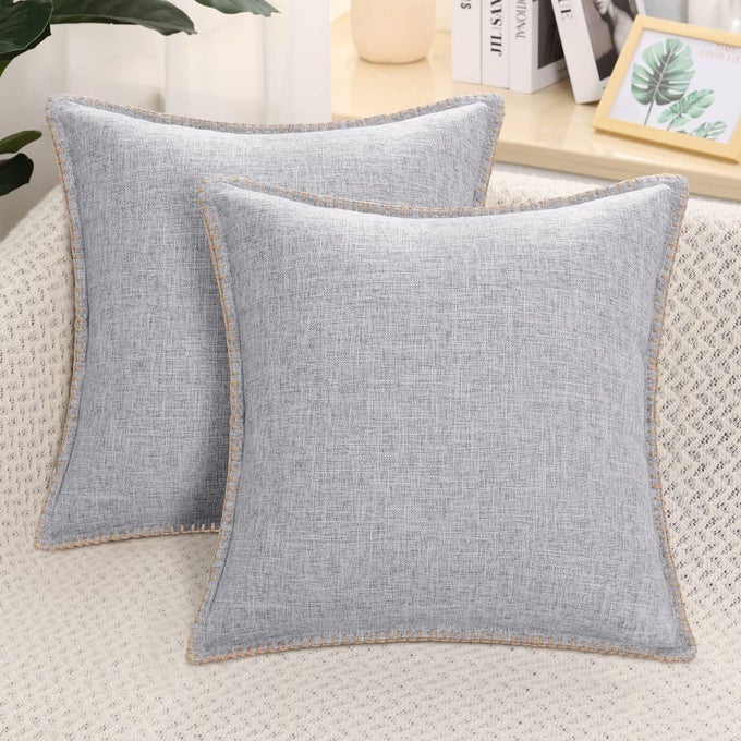 SET OF 2 LINEN CUSHION COVERS 60X60CM DECORATIVE OUTDOOR PLAIN VINTAGE CUSHION COVERS WITH STITCHED EDGES LARGE SQUARE FARMHOUSE NEUTRAL PILLOW CASE 24X24 INCH FOR SOFA LIGHT GREY