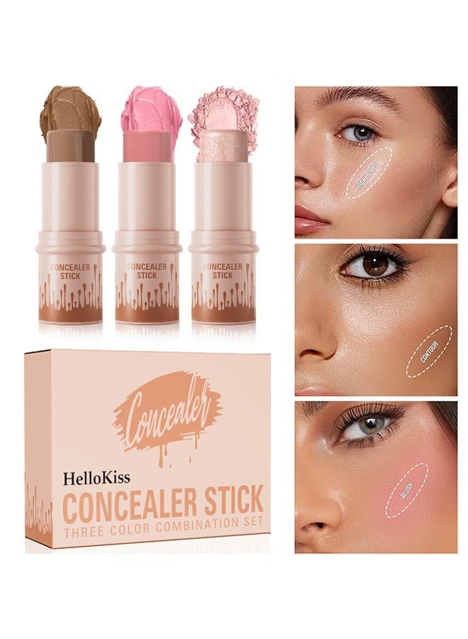 HelloKiss Concealer Stick Three Color Combination Set Highlight Contour and Blush Makeup Stick Set Cream Contour Concealer Stick Set Contour Highlighter Blusher Makeup Stick Soft Texture Skin Highlight Easy Makeup Stick - Image 1