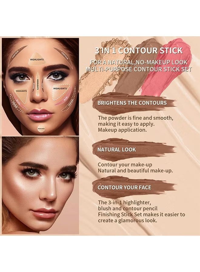 HelloKiss Concealer Stick Three Color Combination Set Highlight Contour and Blush Makeup Stick Set Cream Contour Concealer Stick Set Contour Highlighter Blusher Makeup Stick Soft Texture Skin Highlight Easy Makeup Stick - Image 4