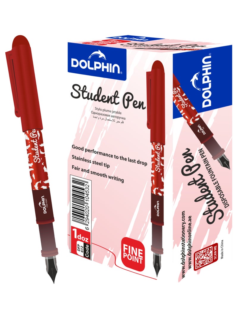 Dolphin Student Disposable Fountain Pen Red Ink, Fine Tip, Smooth Writing, Pack of 12
