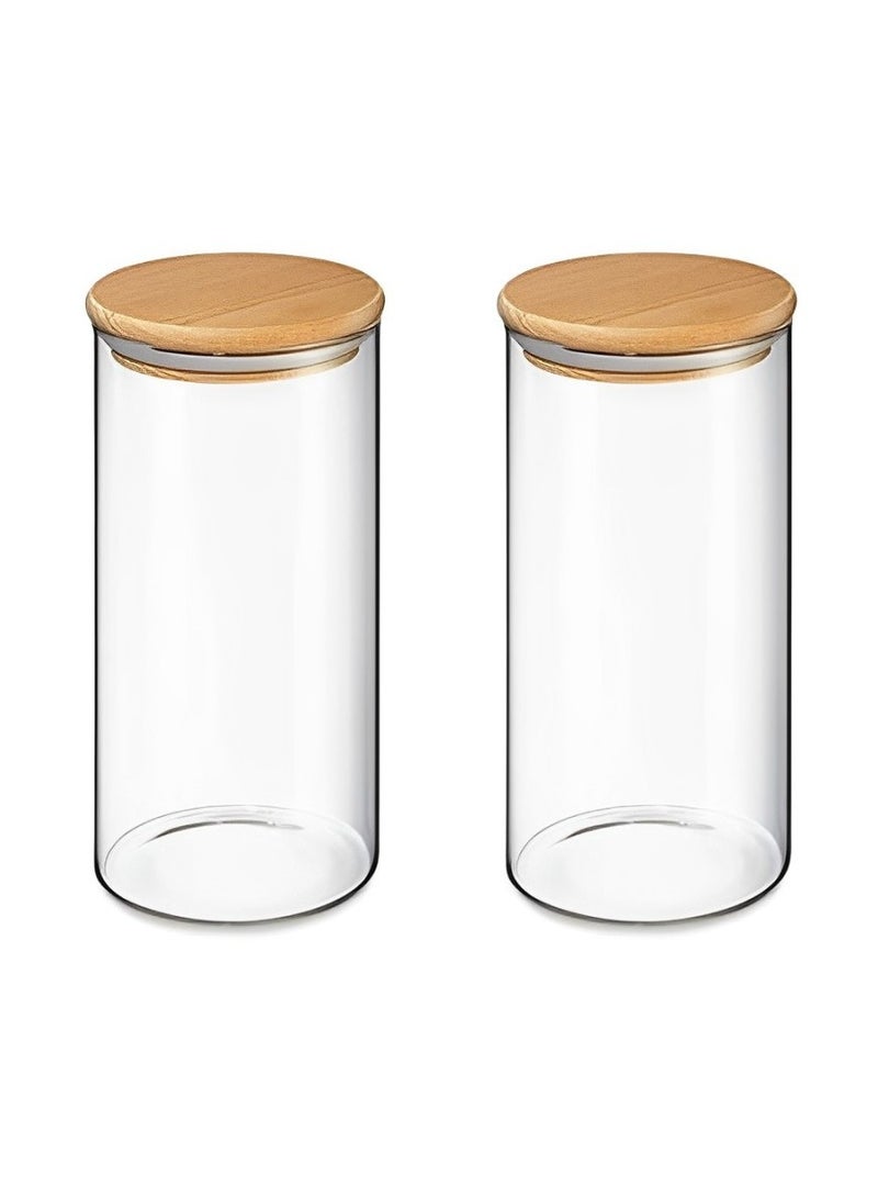 BLACKSTONE Set of 2 Pcs Premium Borosilicate Glass Canister with Airtight Wooden Lids (1000ML) - Image 1