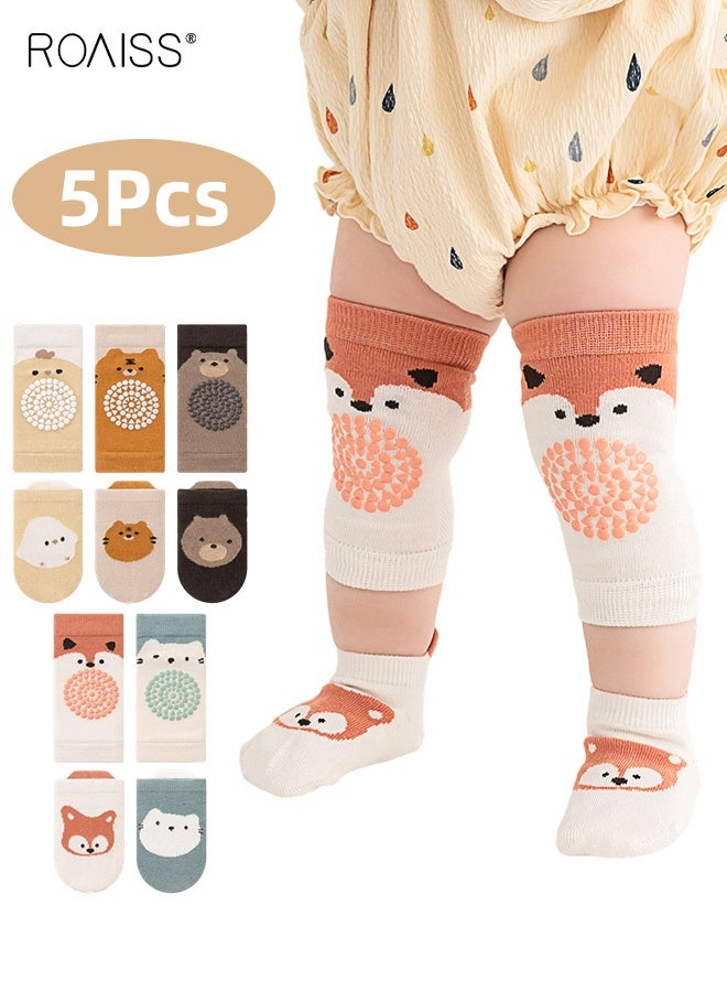 roaiss 5 Pairs Unisex Baby Crawling Anti-Slip Knee Pads and Socks Set, Stretchy Soft Anti-skid Socks and Knee Pads for Crawling and Walking, Non-Slip Ankle Socks with Adorable Patterns and Strong Grips - Image 1