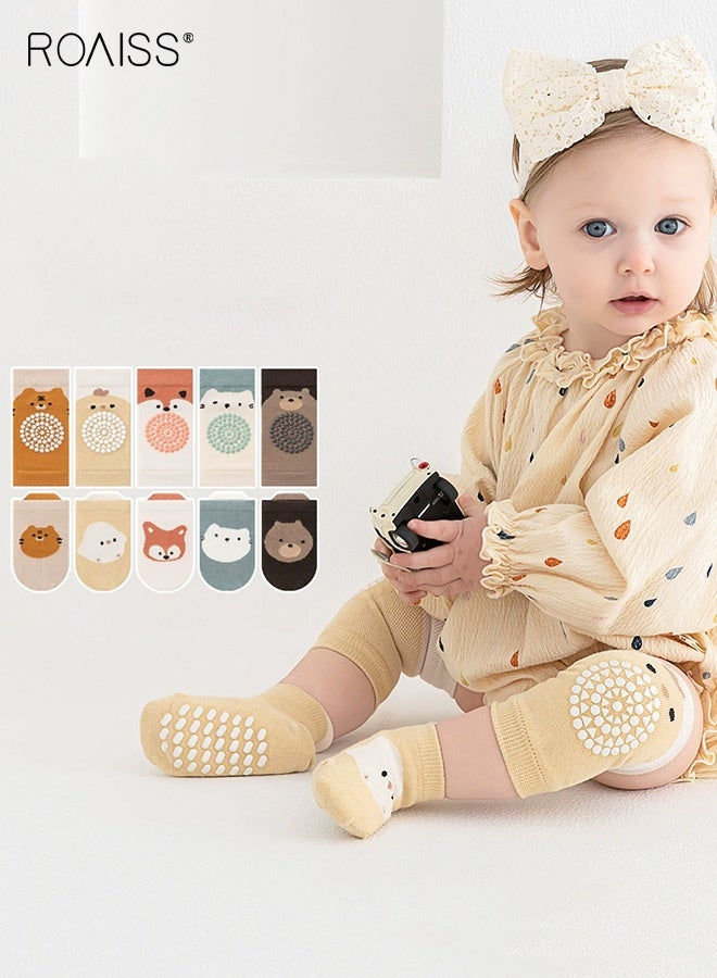roaiss 5 Pairs Unisex Baby Crawling Anti-Slip Knee Pads and Socks Set, Stretchy Soft Anti-skid Socks and Knee Pads for Crawling and Walking, Non-Slip Ankle Socks with Adorable Patterns and Strong Grips - Image 4