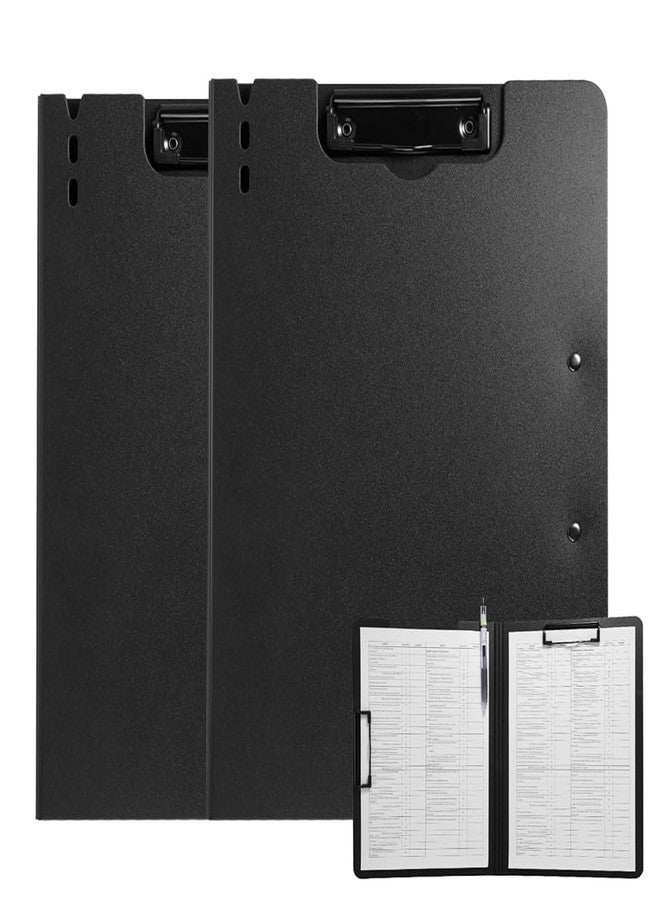 FRETONBA Clipboard Folder, 2 Pcs A4 Foldable Clipboard with Horizontal and Vertical Double Metal Clips, 360 Degree Foldable Binder Clipboards with Pen Holder, File Cover Work Folder Clipboards, Black - Image 1