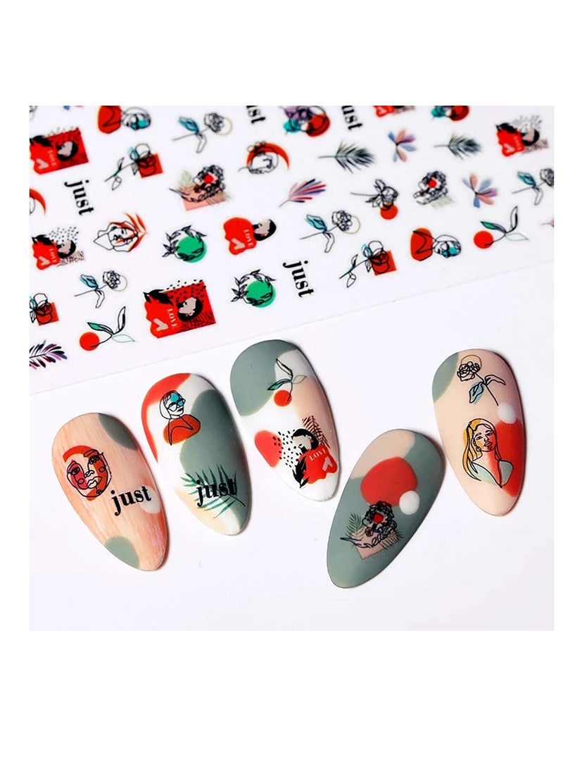 Excefore Nail Art Stickers,Graffiti Fun Abstract Nail Decals 3D Self Adhesive Abstract Lady Face Rose Leaf Nail Design Manicure Tips Nail Decoration for Women Girls Kids (6 Sheets) - Image 4