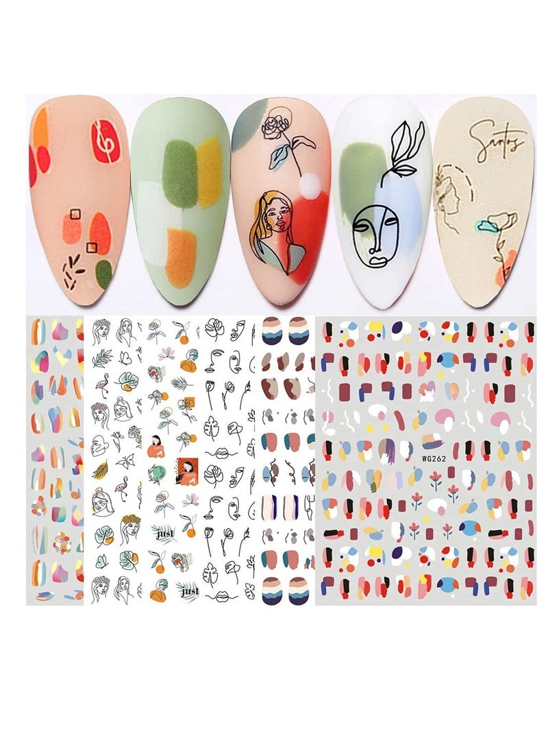 Excefore Nail Art Stickers,Graffiti Fun Abstract Nail Decals 3D Self Adhesive Abstract Lady Face Rose Leaf Nail Design Manicure Tips Nail Decoration for Women Girls Kids (6 Sheets) - Image 1