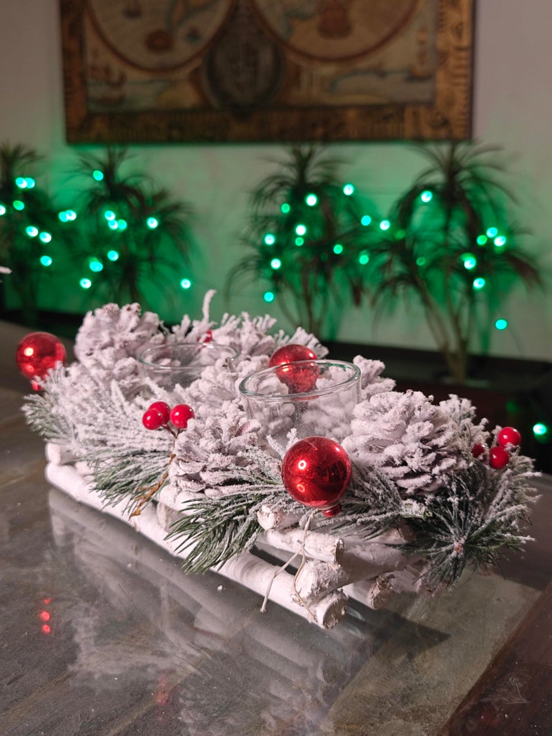 LABZIO Home – Decorative Candle Holder Centerpiece with Wooden Base, Pinecones & Berries | Elegant Tea Light & Votive Stand for Christmas Decoration, Festive Home Decor & Gifting Table Display - Image 4