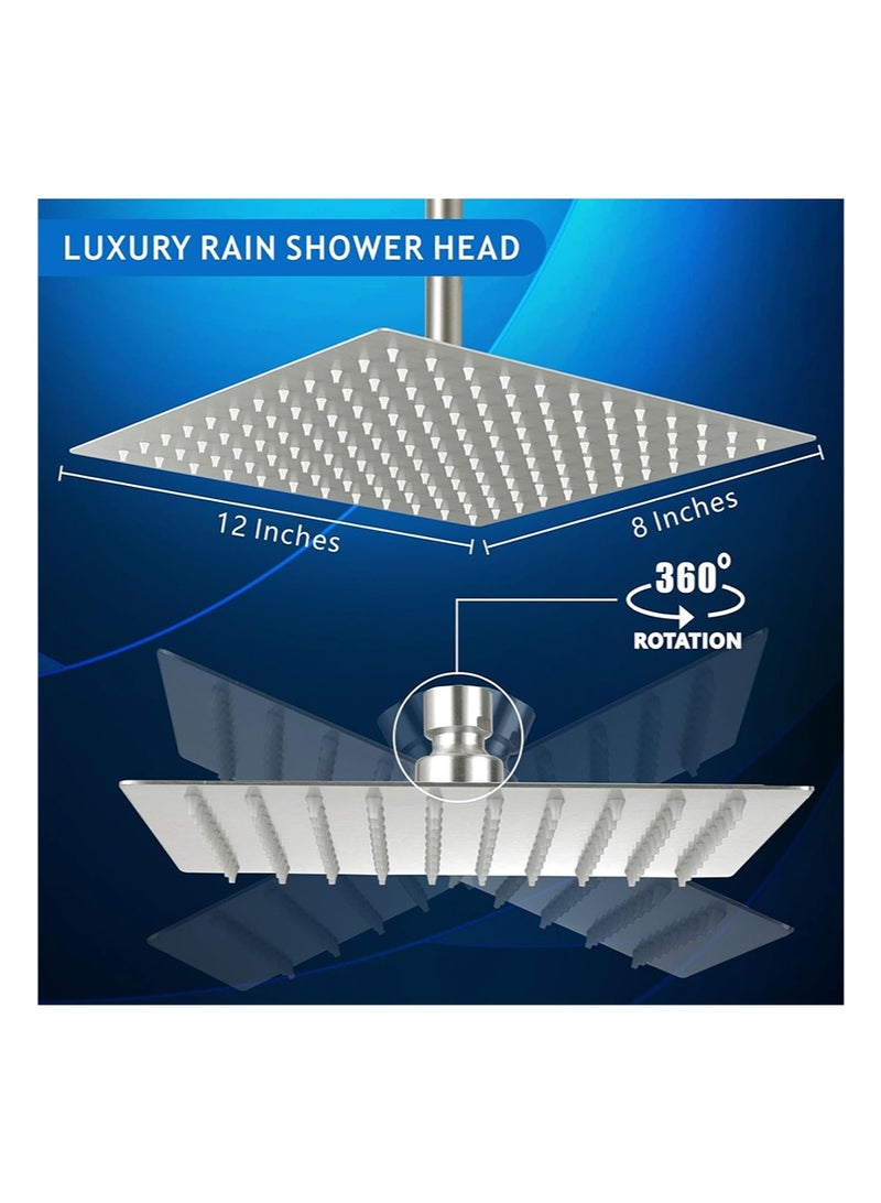 هالونهي رأس دش مطري مستطيل الشكل مقاس 12 × 8 بوصة، مصنوع من الفولاذ المقاوم للصدأ 304، رأس دش مطري غزير عالي التدفق، رأس دش مربع للحمام على شكل شلال، مثبت في السقف أو الحائط (رمادي) - Image 5