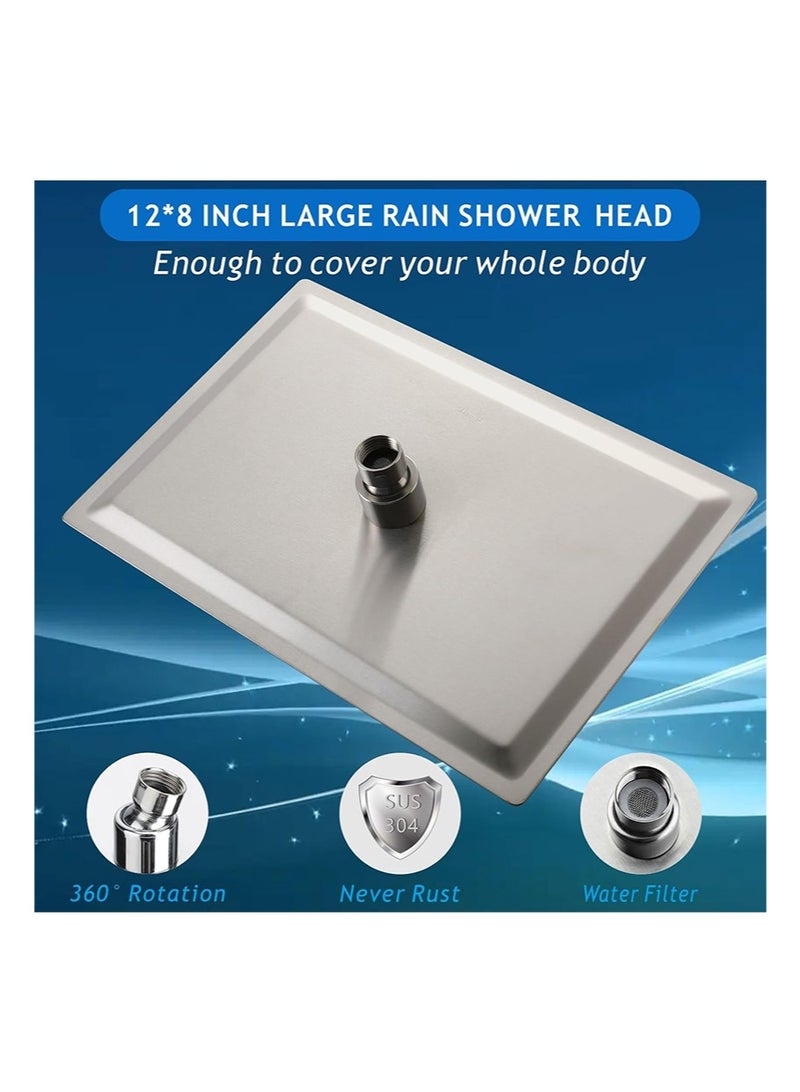 هالونهي رأس دش مطري مستطيل الشكل مقاس 12 × 8 بوصة، مصنوع من الفولاذ المقاوم للصدأ 304، رأس دش مطري غزير عالي التدفق، رأس دش مربع للحمام على شكل شلال، مثبت في السقف أو الحائط (رمادي) - Image 2