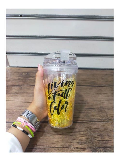 Double-Walled Glitter Cup with Straw and Acrylic Lid – Excellent Quality and Stylish Design, 600ml Capacity D