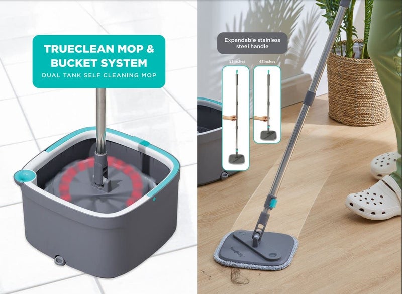 True & Tidy يتضمن نظام الممسحة والدلو True & Tidy True Clean ممسحة دوارة مربعة ودلو ممسحة مزدوج الحجرة ووسادات ممسحة سميكة قابلة للغسل في الغسالة (ممسحة دوارة مع صندوق هدايا) - Image 3
