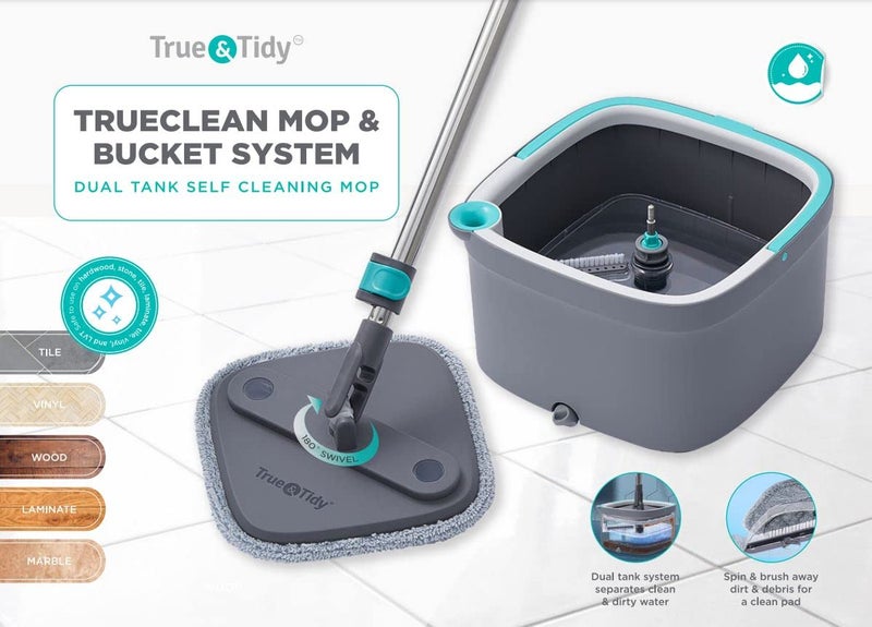 True & Tidy يتضمن نظام الممسحة والدلو True & Tidy True Clean ممسحة دوارة مربعة ودلو ممسحة مزدوج الحجرة ووسادات ممسحة سميكة قابلة للغسل في الغسالة (ممسحة دوارة مع صندوق هدايا) - Image 2