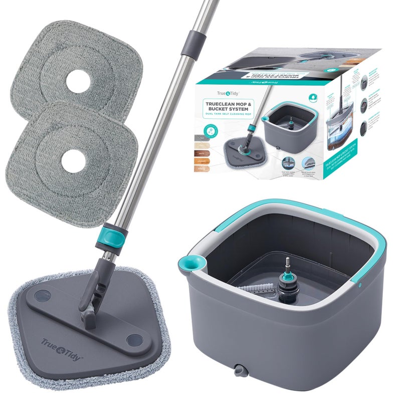 True & Tidy يتضمن نظام الممسحة والدلو True & Tidy True Clean ممسحة دوارة مربعة ودلو ممسحة مزدوج الحجرة ووسادات ممسحة سميكة قابلة للغسل في الغسالة (ممسحة دوارة مع صندوق هدايا) - Image 1
