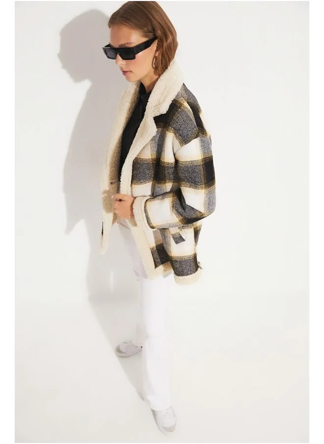 JUNE June Plaid Patterned Fur Lined Coat Mustard